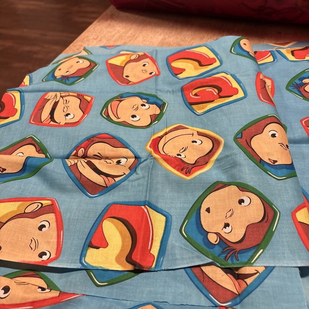 Springs Creative Curious George Faces Cotton Fabric Blue 1 Yard Plus Vintage